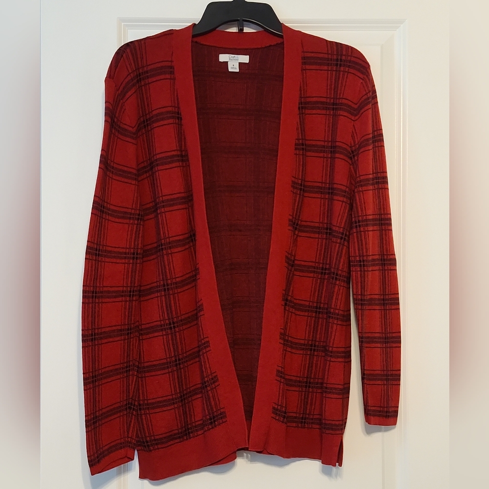 Women's Sz M Croft & Barrow Red & Black Plaid Open Front Cardigan, EC